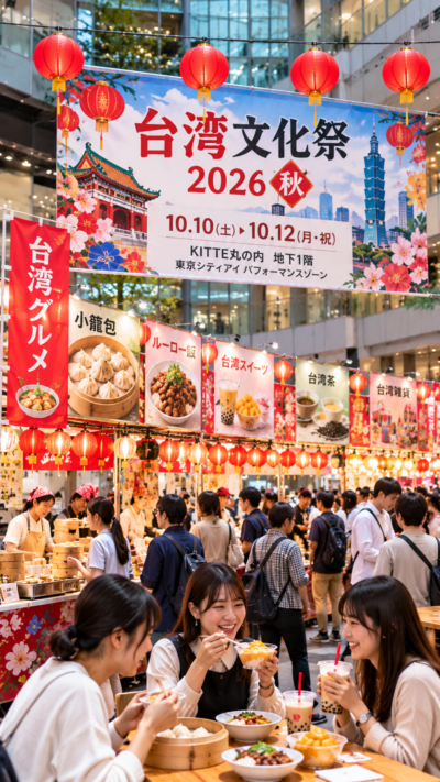 KITTE丸の内に台湾グルメやお菓子、お茶、雑貨などのブースが並び多くの来場者で賑わう台湾文化祭2026秋の風景