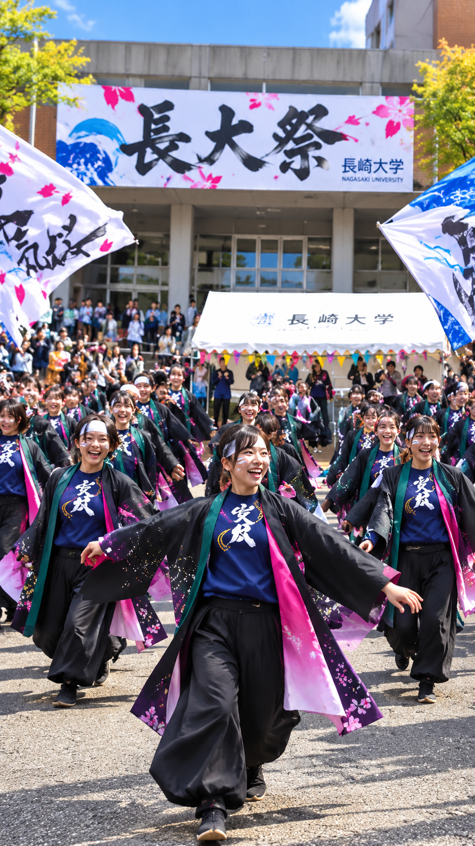 長崎県長崎市の長崎大学文教キャンパスで長大祭が開催され、学生による模擬店やステージ、音楽ライブ、展示などが並び、多くの来場者で賑わう秋の大学祭の風景