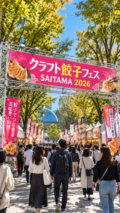 さいたま新都心けやきひろばに全国各地の餃子店のブースが並び多くの来場者がクラフト餃子を食べ比べるクラフト餃子フェス SAITAMA 2026の風景