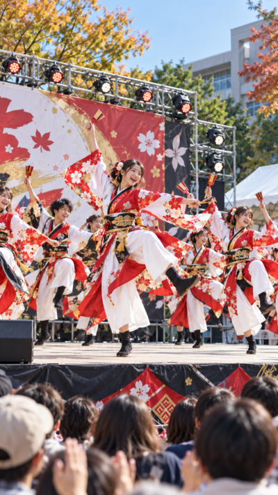 愛媛県松山市の松山大学文京キャンパスで熟田津祭が開催され、学生による模擬店やステージ、音楽ライブ、展示などが並び、多くの来場者で賑わう秋の大学祭の風景