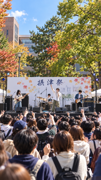 兵庫県神戸市東灘区の甲南大学岡本キャンパスで第62回摂津祭が開催され、学生による模擬店やステージ、音楽ライブ、展示などが並び、多くの来場者で賑わう秋の大学祭の風景