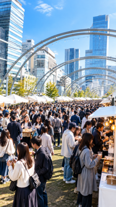 渋谷MIYASHITA PARKの芝生ひろばに日本酒の酒蔵ブースが並び多くの来場者が飲み比べを楽しむSAKE PARKの風景