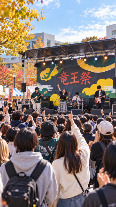 山口県山陽小野田市の山陽小野田市立山口東京理科大学で竜王祭が開催され、学生による模擬店やステージ、音楽ライブ、研究展示などが行われ、多くの来場者で賑わう秋の大学祭の風景