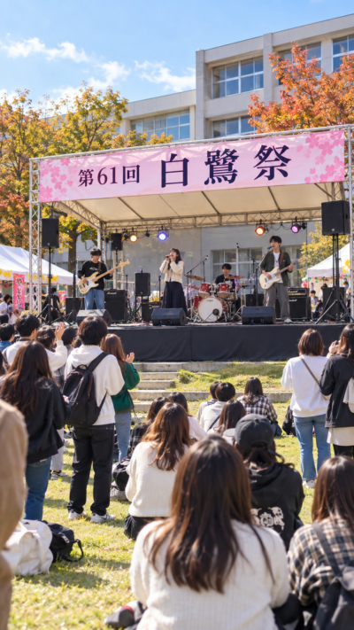 岡山県岡山市北区の中国学園大学・中国短期大学で第61回白鷺祭が開催され、学生による模擬店やステージ、音楽ライブ、ダンス、展示などが行われ、多くの来場者で賑わう秋の大学祭の風景