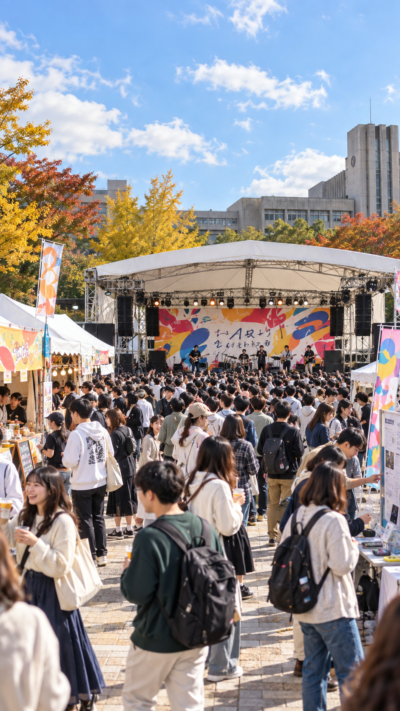 福岡県北九州市の九州工業大学戸畑キャンパスで工大祭が開催され、学生による模擬店やステージ、音楽ライブ、研究展示などが行われ、多くの来場者で賑わう秋の大学祭の風景