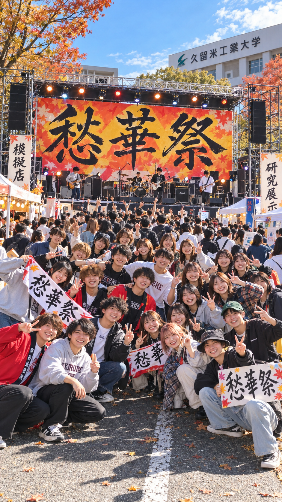 福岡県久留米市の久留米工業大学で愁華祭が開催され、学生による模擬店やステージ、音楽ライブ、研究展示などが行われ、多くの来場者で賑わう秋の大学祭の風景