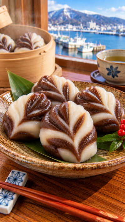 北海道・道南地域に伝わる郷土菓子、白と黒の生地を組み合わせて木の葉の形などに仕上げたべこ餅