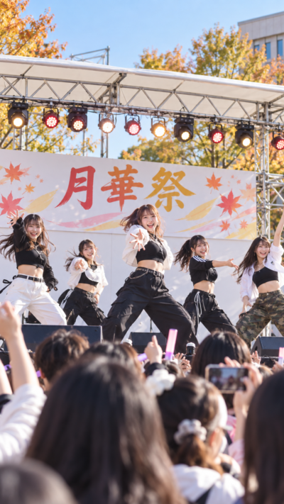 福岡県大川市の国際医療福祉大学大川キャンパスで月華祭が開催され、学生による模擬店やステージ、音楽ライブ、医療福祉関連の展示などが行われ、多くの来場者で賑わう秋の大学祭の風景