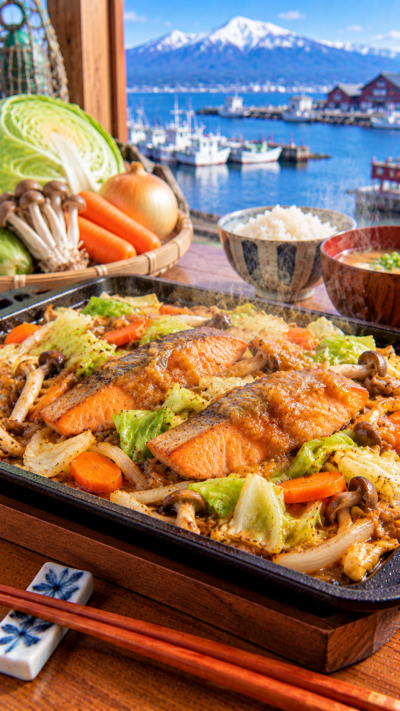 北海道に伝わる郷土料理、鮭と野菜を味噌仕立てのタレで焼き上げるちゃんちゃん焼き