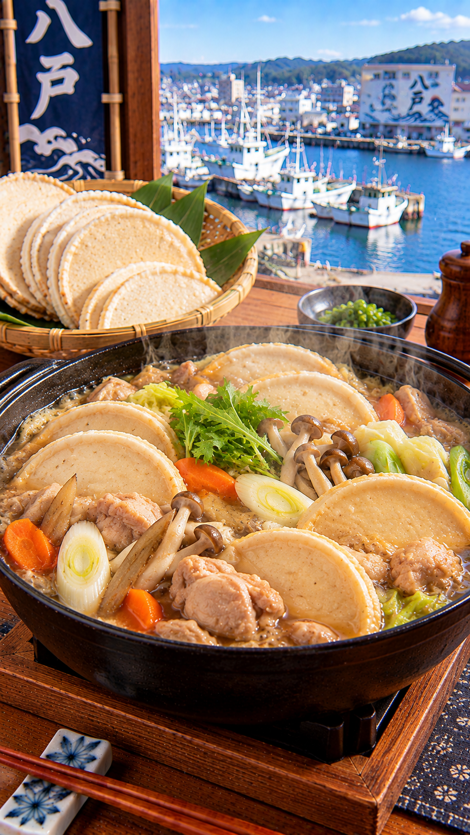 青森県八戸地方に伝わる郷土料理、鶏肉や野菜と南部せんべいをだし汁で煮込んだせんべい汁