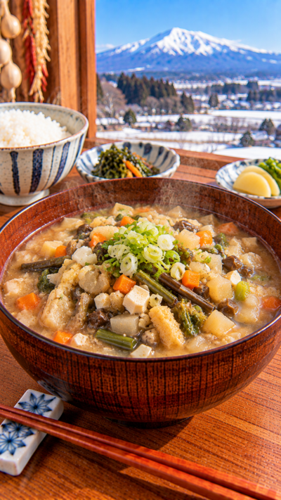 青森県津軽地方に伝わる郷土料理、野菜や山菜などを細かく刻んで煮込んだ具だくさんのけの汁