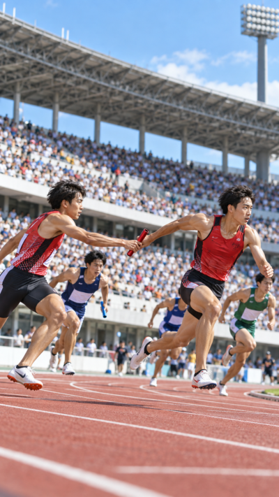 第110回日本陸上競技選手権大会・リレー競技が開催され、陸上競技場で選手たちが高速でバトンをつなぎ、多くの観客が4×100mや4×400mリレーの熱戦を見守るスポーツ大会の風景