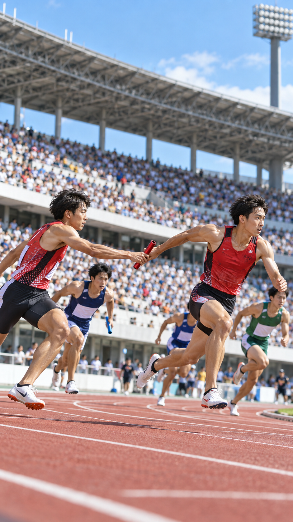 第110回日本陸上競技選手権大会・リレー競技が開催され、陸上競技場で選手たちが高速でバトンをつなぎ、多くの観客が4×100mや4×400mリレーの熱戦を見守るスポーツ大会の風景
