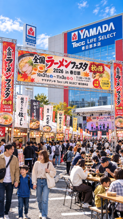 埼玉県春日部市のヤマダデンキ Tecc LIFE SELECT 春日部本店で開催される全国ラーメンフェスタ秋の陣2026で、全国のラーメン店が並び多くの来場者がラーメンを楽しむ会場風景