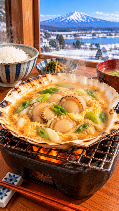 青森県津軽地方に伝わる郷土料理、ホタテの貝殻でホタテやねぎを味噌で煮込み卵で仕上げた貝焼き味噌