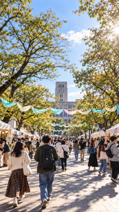 東京都目黒区の東京科学大学大岡山キャンパスで工大祭が開催され、学生による模擬店やステージ、音楽ライブ、研究室公開、科学展示などが行われ、多くの来場者で賑わう秋の大学祭の風景