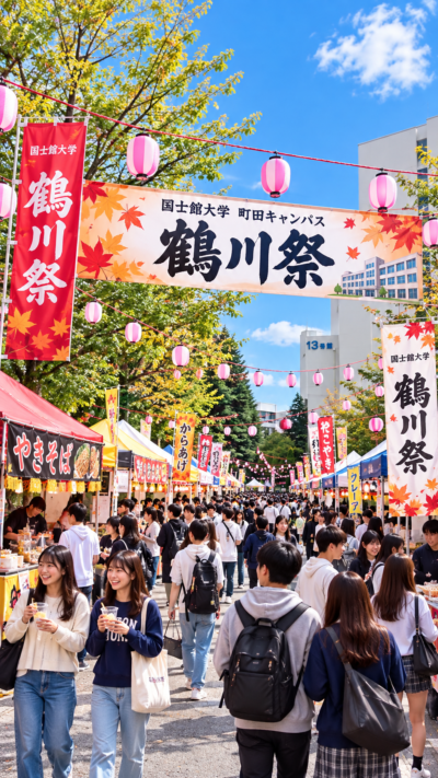 東京都町田市の国士舘大学町田キャンパスで開催される鶴川祭で、模擬店やステージ、学生団体の企画が並び多くの学生や来場者でにぎわう大学祭の風景