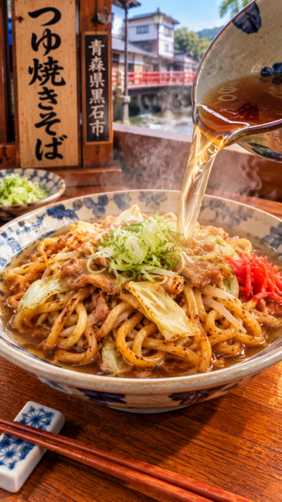 青森県黒石市に伝わる郷土料理、太めの焼きそば麺に温かいつゆをかけたつゆ焼きそば
