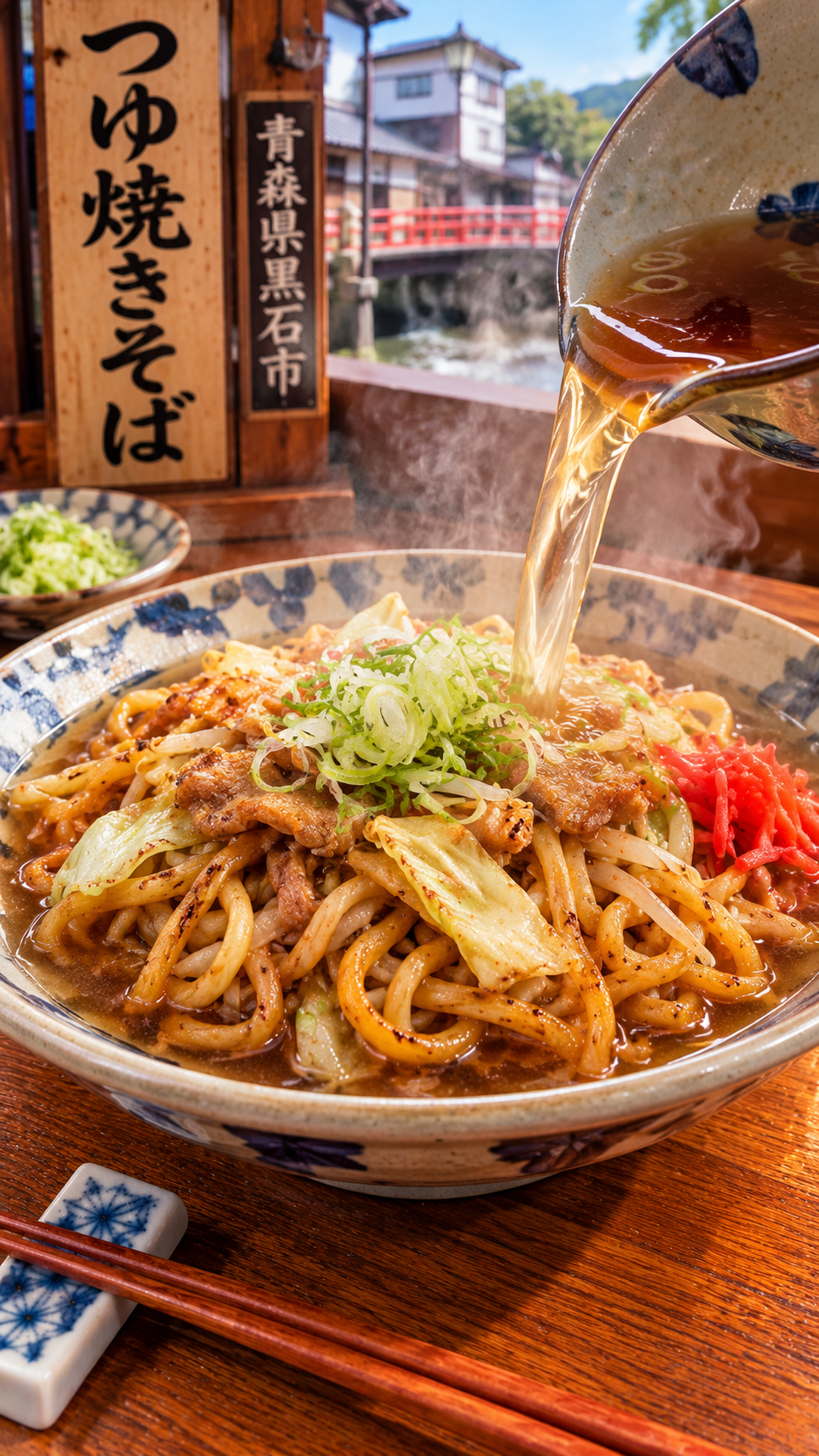 青森県黒石市に伝わる郷土料理、太めの焼きそば麺に温かいつゆをかけたつゆ焼きそば