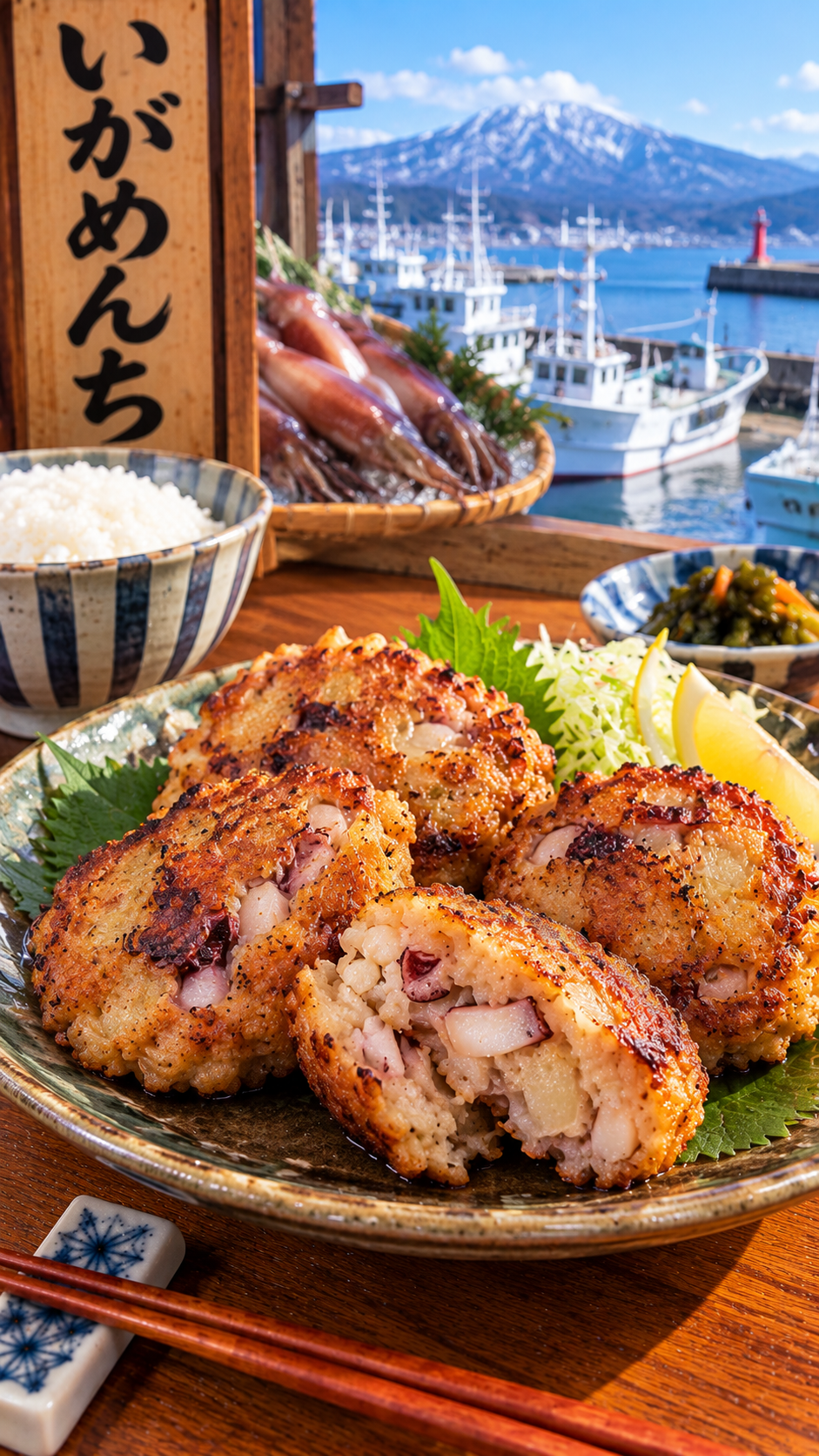 青森県津軽地方に伝わる郷土料理、イカの身やゲソを細かく刻んで成形し焼き上げたいがめんち
