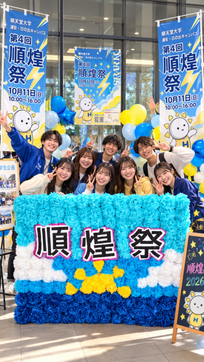 千葉県浦安市の順天堂大学浦安・日の出キャンパスで開催される第4回順煌祭2026で、制作体験や飲食出店、ステージなどを多くの学生や来場者が楽しむ大学祭の風景