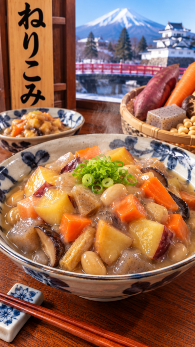 青森県津軽地方に伝わる郷土料理、さつまいもやにんじん、こんにゃくなどを甘く煮込み片栗粉でとろみをつけたねりこみ