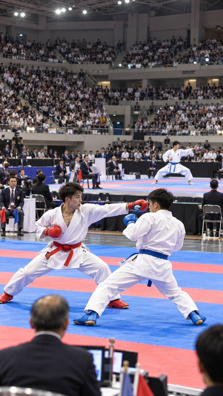 第58回全日本空手道選手権大会が開催され、競技会場で空手選手たちが組手や形を披露し、多くの観客が日本一を懸けた熱戦を見守るスポーツ大会の風景