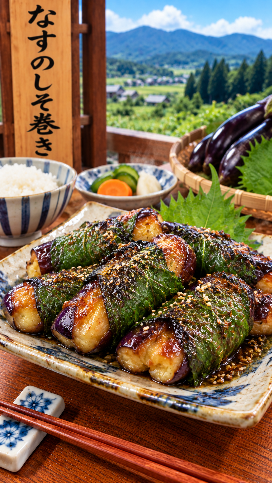 東北地方に伝わる郷土料理、なすや味噌などを青じそで巻いて香ばしく焼き上げたなすのしそ巻き
