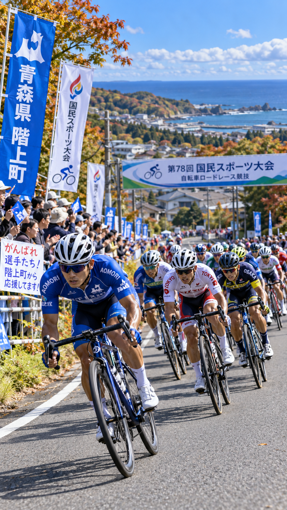 青森県階上町で国民スポーツ大会の自転車ロードレースが開催され、全国の代表選手たちが秋の階上町特設コースを高速で走り、多くの観客が沿道から応援するスポーツ大会の風景