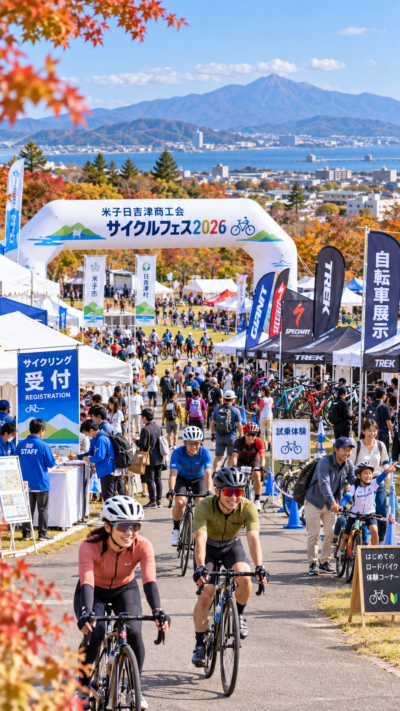 鳥取県米子市・日吉津村周辺で米子日吉津商工会サイクルフェス2026が開催され、多くの参加者がスポーツバイクで秋のサイクリングや自転車体験を楽しむイベントの風景