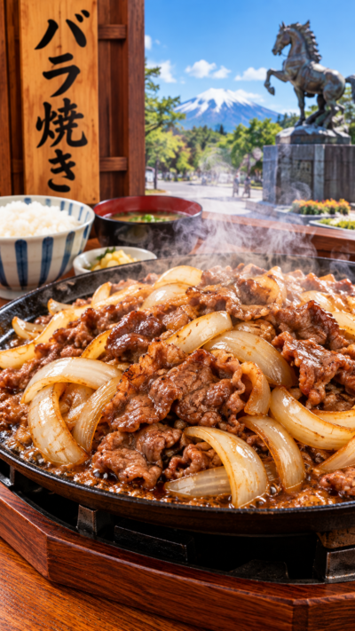 青森県南部地方に伝わる郷土料理、牛バラ肉と大量の玉ねぎを甘辛いタレで炒めたバラ焼き