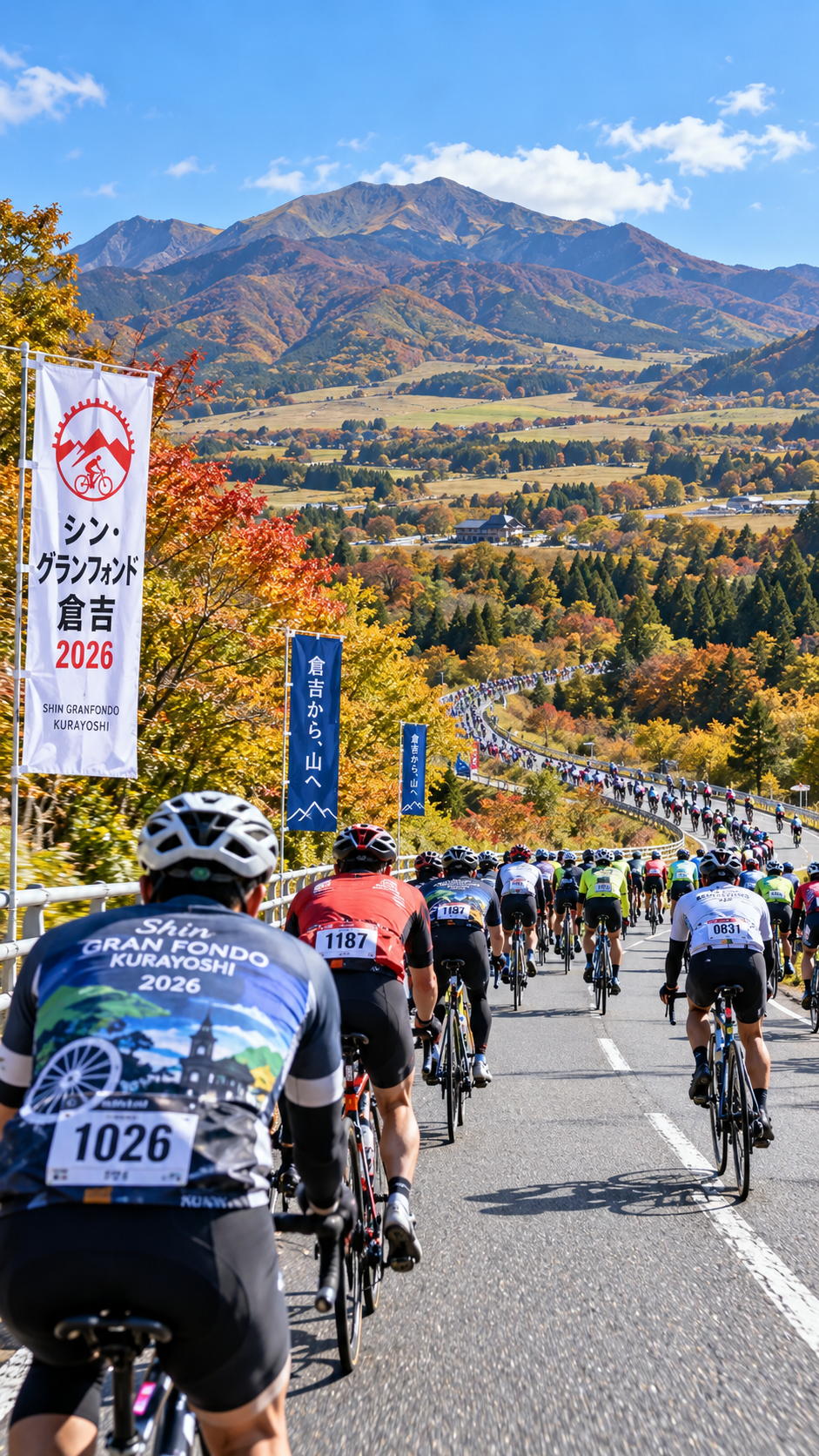 鳥取県倉吉市でシン・グランフォンド倉吉2026が開催され、多くのサイクリストが倉吉駅を出発し、秋の山々や蒜山、鏡ヶ成方面をスポーツバイクで走るロングライドイベントの風景