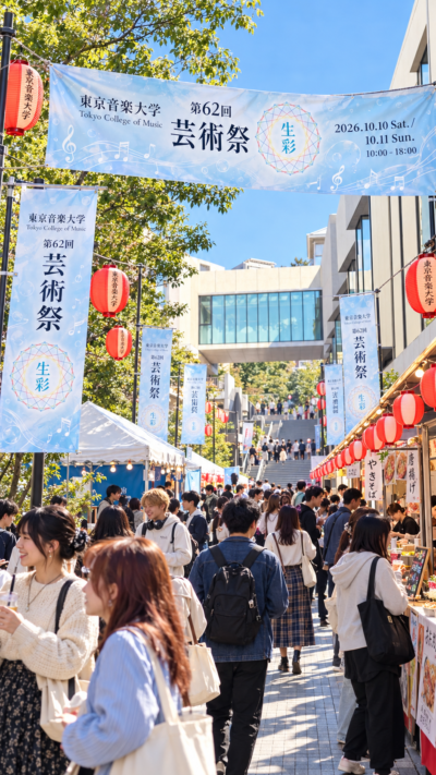 東京都目黒区の東京音楽大学中目黒・代官山キャンパスで開催される第62回芸術祭2026で、学生による演奏会や模擬店を多くの来場者が楽しむ学園祭の風景