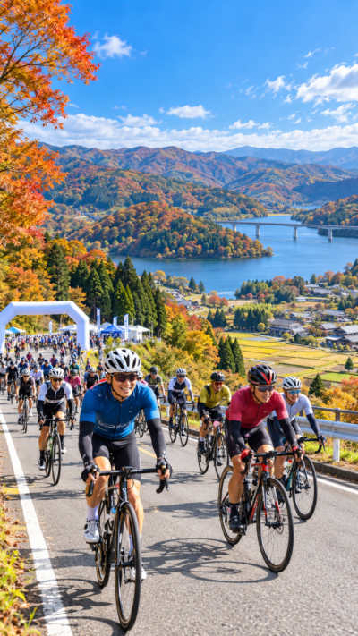 島根県奥出雲町で奥出雲サイクリング2026が開催され、多くのサイクリストがさくらおろち湖を出発し、秋の山々や里山、田園風景の中をスポーツバイクで走るサイクルイベントの風景