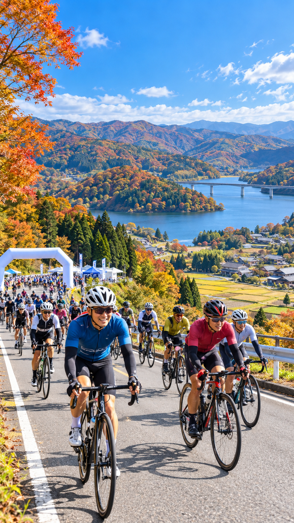 島根県奥出雲町で奥出雲サイクリング2026が開催され、多くのサイクリストがさくらおろち湖を出発し、秋の山々や里山、田園風景の中をスポーツバイクで走るサイクルイベントの風景