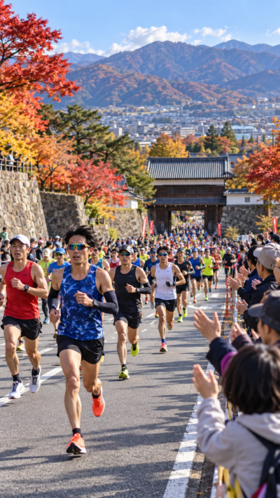 長野県上田市で第40回上田古戦場ハーフマラソンが開催され、多くのランナーが秋の上田古戦場周辺を走り、沿道の観客から声援を受けながらゴールを目指すロードレース大会の風景
