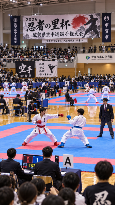 滋賀県甲賀市の甲賀市水口体育館で2026忍者の里杯 滋賀県空手道選手権大会が開催され、多くの空手選手が組手で激しい攻防を繰り広げ、観客が熱戦を見守るスポーツ大会の風景