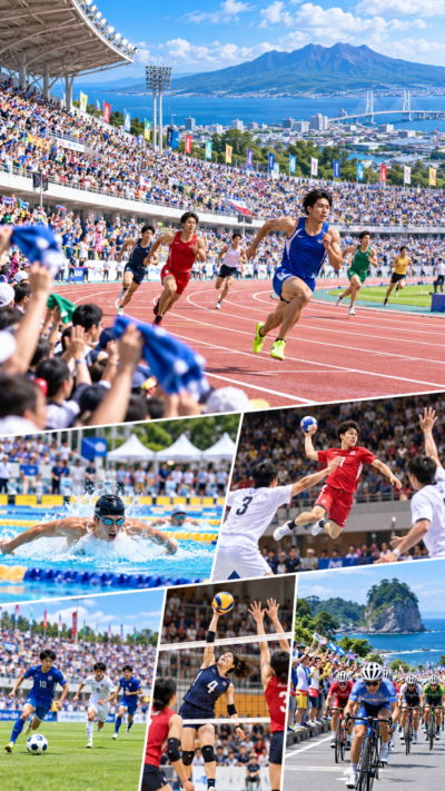 青森県で青の煌めきあおもり国スポ2026が開催され、全国47都道府県から集まった選手たちがさまざまな競技で熱戦を繰り広げ、多くの観客が応援する国民スポーツ大会の風景