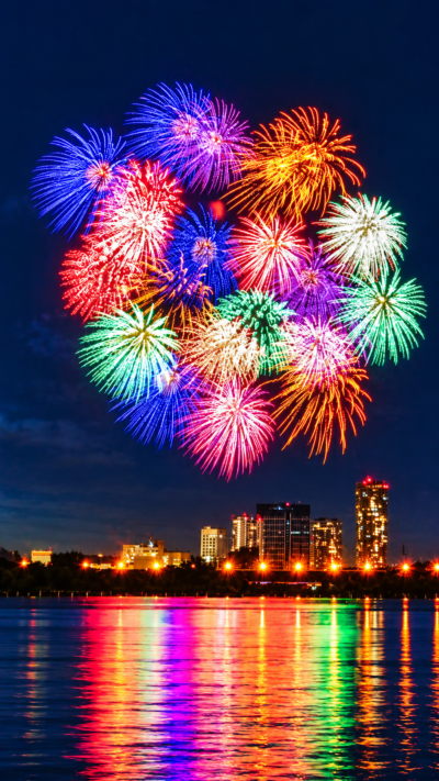 多摩川の夜空に色とりどりの大輪の花火が打ち上がり多くの観覧客で賑わう世田谷区たまがわ花火大会の風景