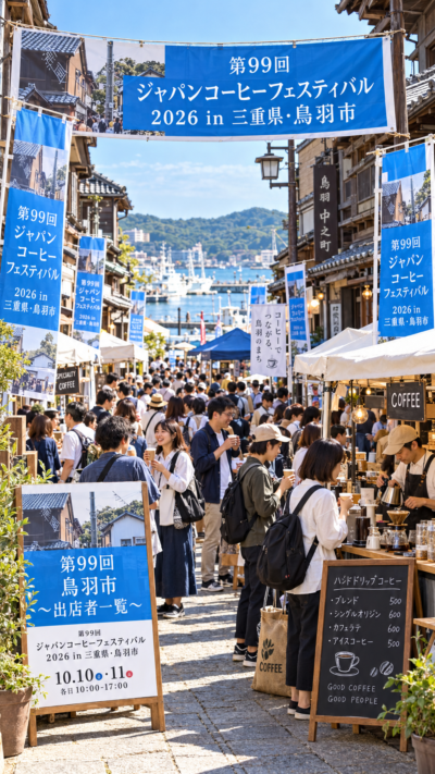 三重県鳥羽市の鳥羽なかまちにコーヒー店のブースが並び多くの来場者がコーヒーの飲み比べを楽しむ第99回ジャパンコーヒーフェスティバル2026の風景