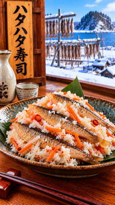 秋田県に伝わる郷土料理、ハタハタを米や麹、野菜などと一緒に漬け込んで発酵させたハタハタ寿司