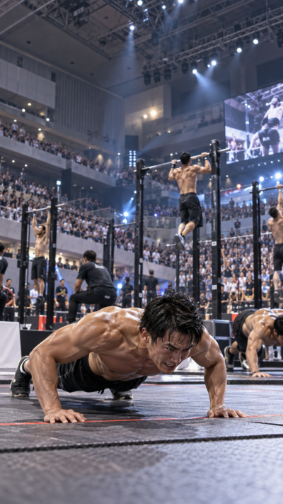 東京都江東区のBumB東京スポーツ文化館でSAMURAI 2026決勝戦が開催され、全国の予選を勝ち抜いた選手たちが腕立て伏せや懸垂などの競技で限界に挑み、多くの観客が見守るフィットネス大会の風景