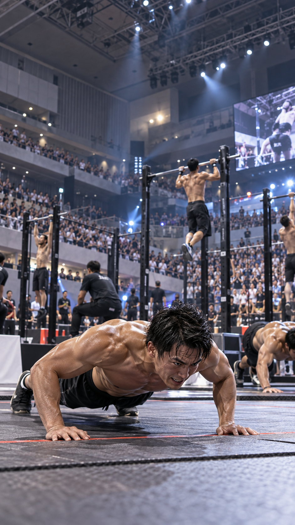 東京都江東区のBumB東京スポーツ文化館でSAMURAI 2026決勝戦が開催され、全国の予選を勝ち抜いた選手たちが腕立て伏せや懸垂などの競技で限界に挑み、多くの観客が見守るフィットネス大会の風景