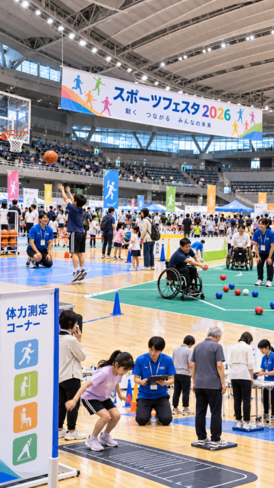東京都渋谷区の東京体育館でスポーツフェスタ2026が開催され、子どもから大人まで多くの来場者がスポーツ体験やパラスポーツ、体力測定などを楽しむ秋のスポーツイベントの風景