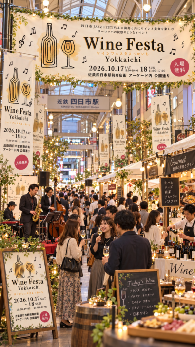 近鉄四日市駅前商店街にワインやグルメのブースが並び多くの来場者がワインの飲み比べとジャズ演奏を楽しむワインフェスタ四日市2026の風景