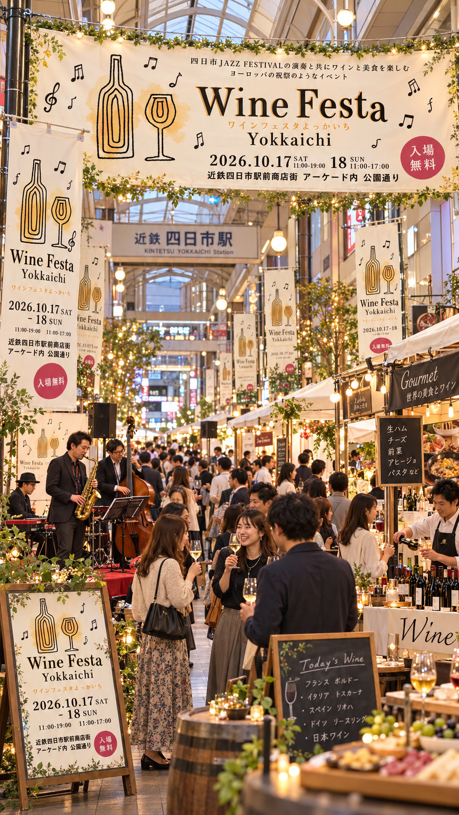 近鉄四日市駅前商店街にワインやグルメのブースが並び多くの来場者がワインの飲み比べとジャズ演奏を楽しむワインフェスタ四日市2026の風景