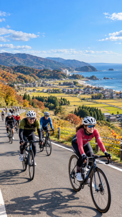 石川県加賀市でRIDE ON! KAGA 2026が開催され、多くのサイクリストが加賀温泉郷や秋の里山、田園、日本海の風景を眺めながらスポーツバイクで走るサイクルイベントの風景