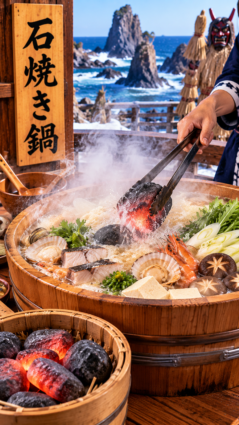 秋田県男鹿半島周辺に伝わる郷土料理、熱した石を鍋に入れて魚介や野菜を豪快に煮込む石焼き鍋