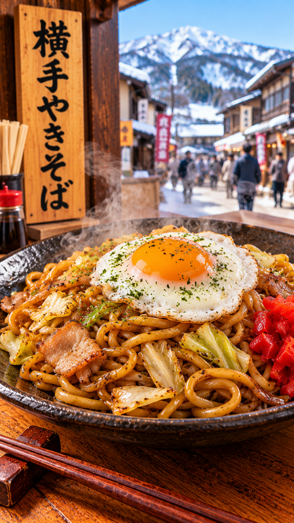 秋田県横手市で親しまれているご当地料理、太い角麺を豚肉やキャベツと炒め目玉焼きをのせた横手やきそば