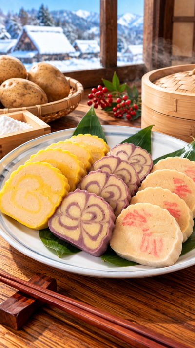 秋田県北地方に伝わる郷土菓子、つぶしたじゃがいもに餅粉や砂糖などを加えてかまぼこ状に成型し蒸し上げたかまぶく